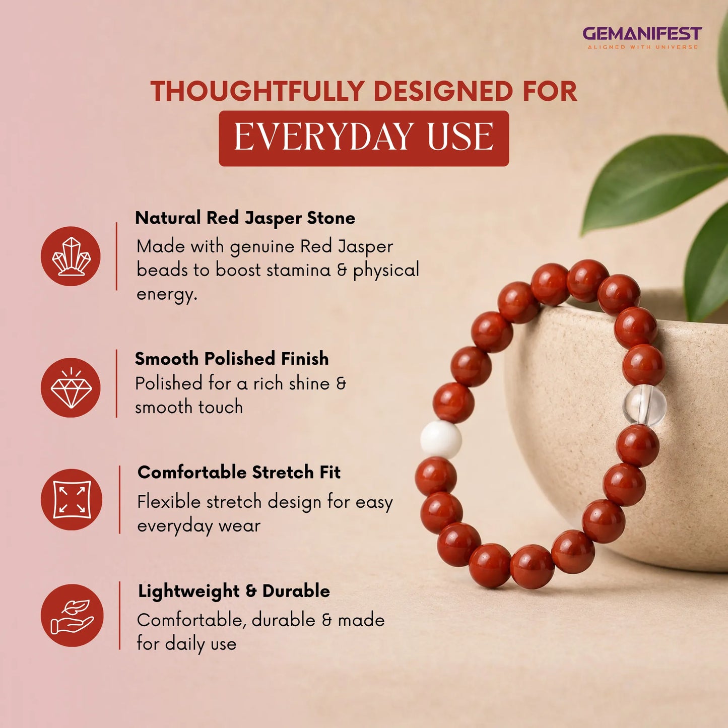Red jasper stone bracelet with product features on a beige background
