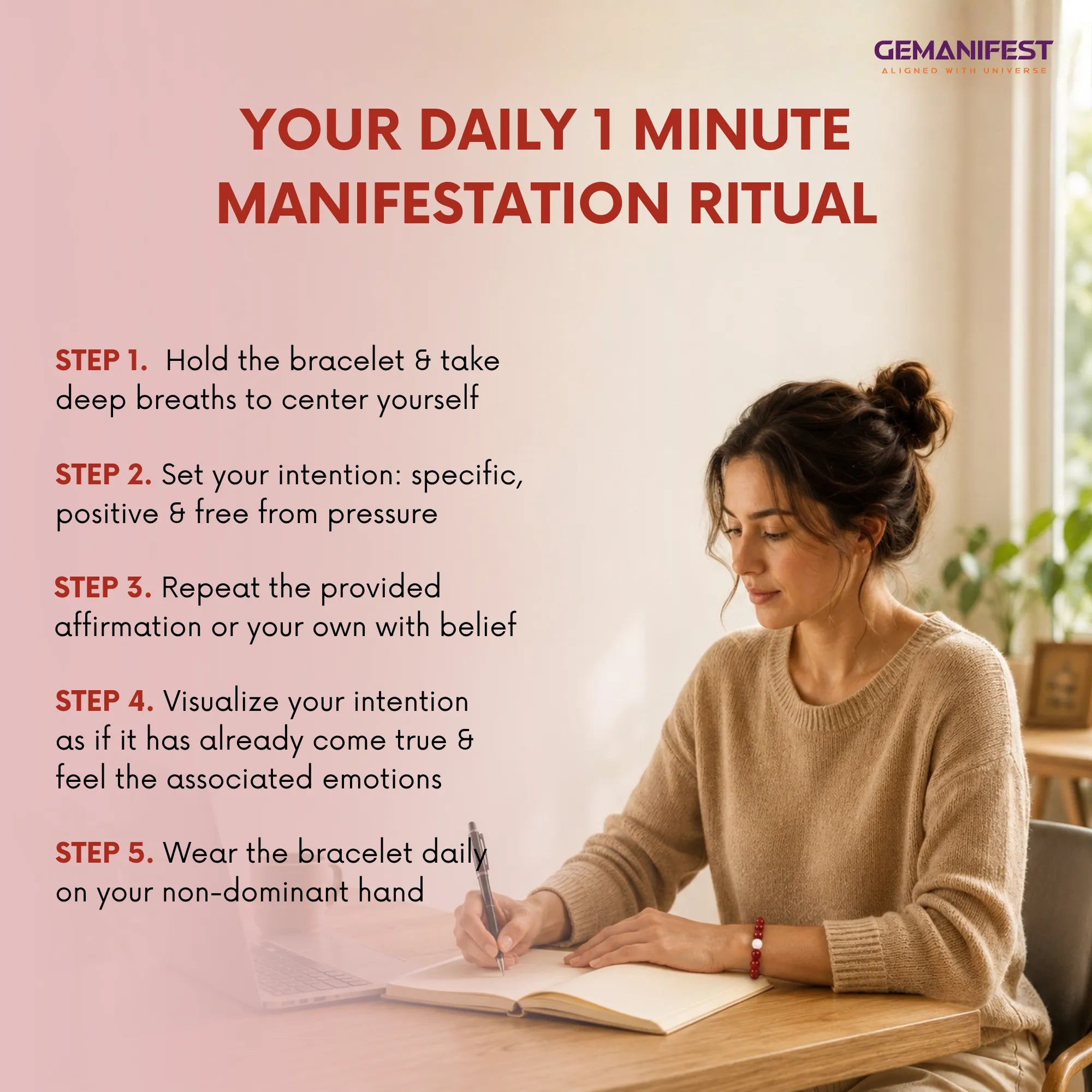 Woman sitting at a desk with a notebook and pen, with text about a daily manifestation ritual on a light background.