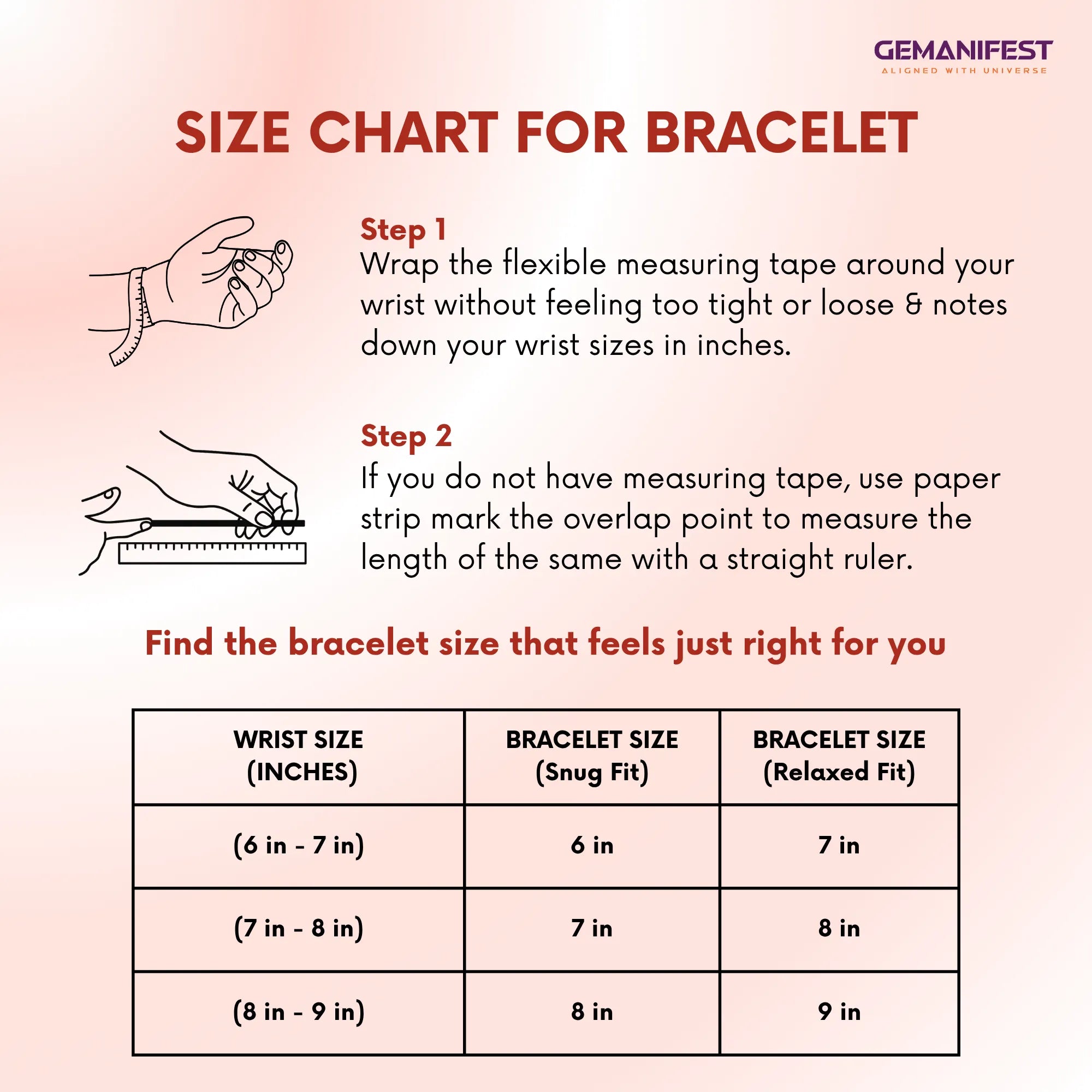 Size chart for bracelet with measurement instructions and Gemanifest branding.