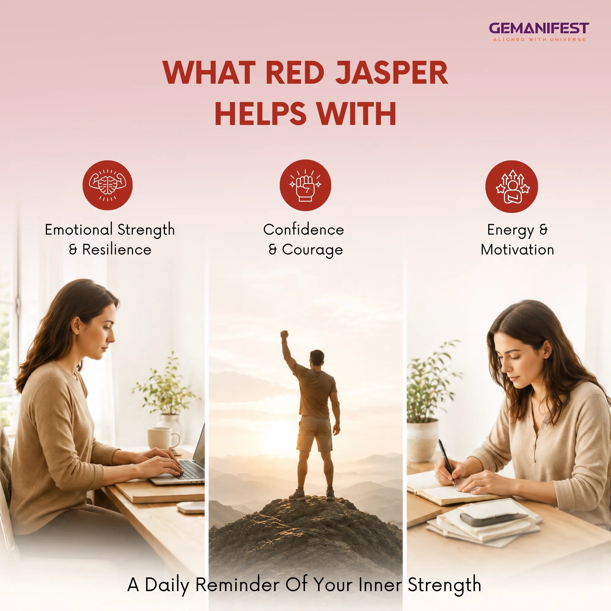 Promotional graphic for GEMANIFEST's Red Jasper with images of people working and a mountain, and text about its benefits.