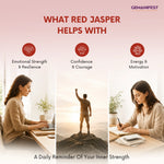 Promotional graphic for GEMANIFEST's Red Jasper with images of people working and a mountain, and text about its benefits.