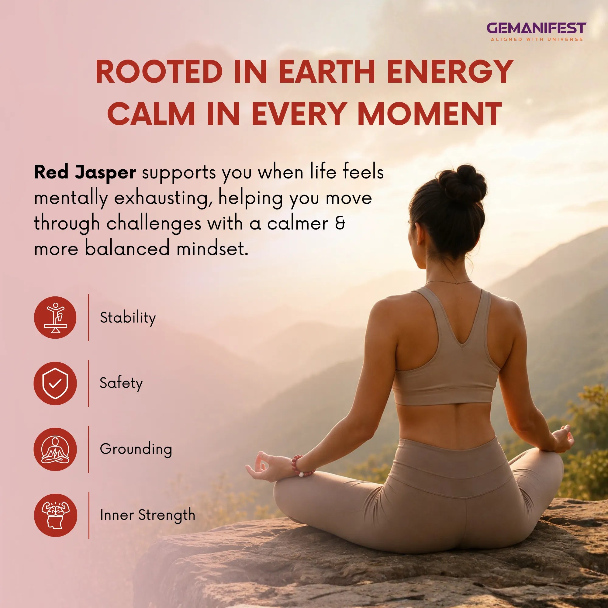 Woman meditating on a mountain with text about Red Jasper's benefits and GEMANIFEST branding.
