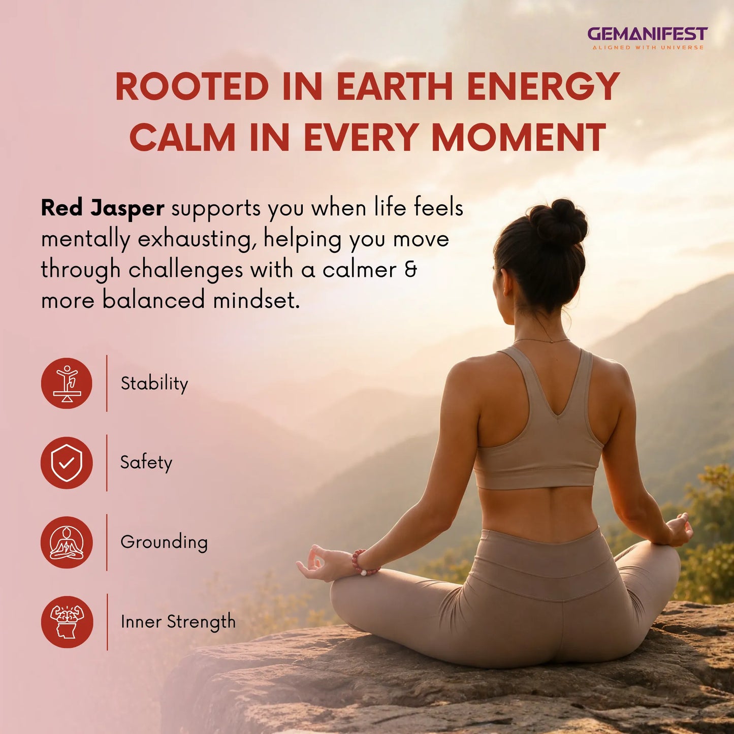 Woman meditating on a mountain with text about Red Jasper's benefits and GEMANIFEST branding.