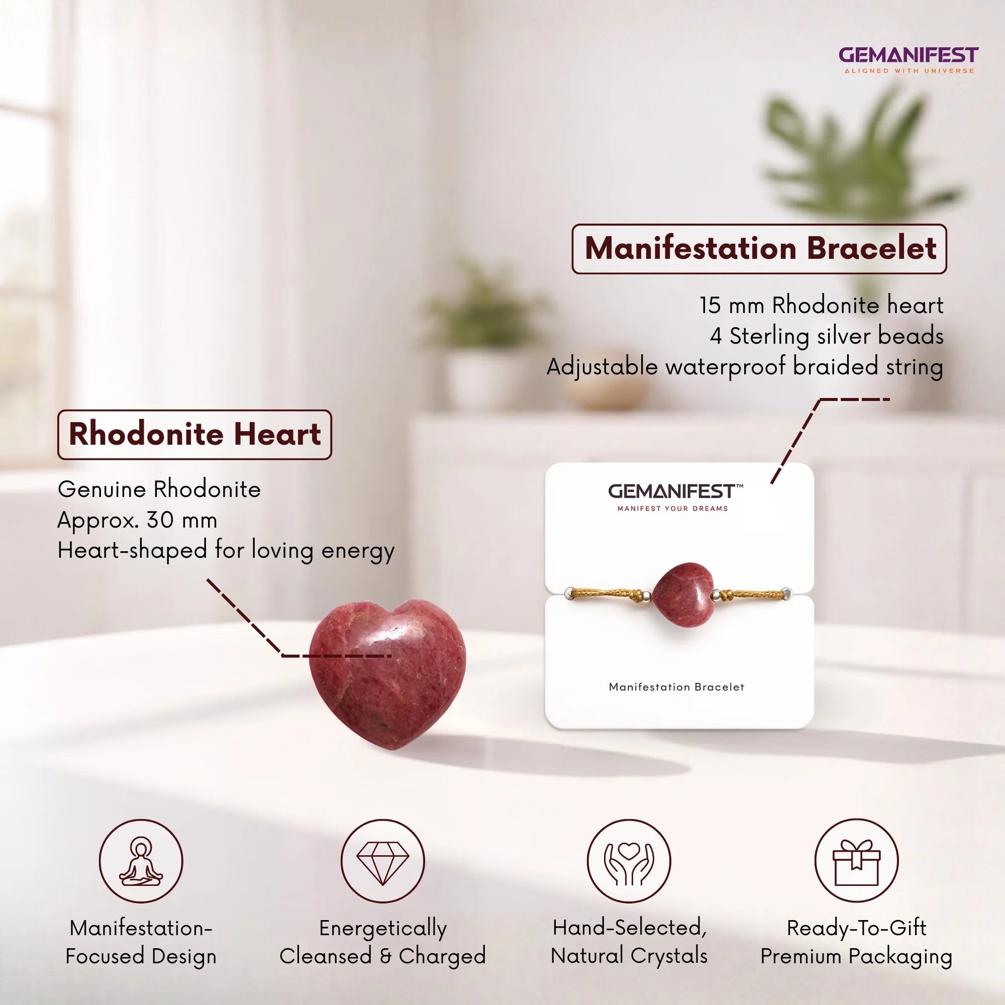 Gemanifest Rhodonite Heart bracelet with packaging on a white surface