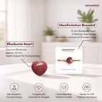 Gemanifest Rhodonite Heart bracelet with packaging on a white surface
