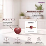 Gemanifest Rhodonite Heart bracelet with packaging on a white surface