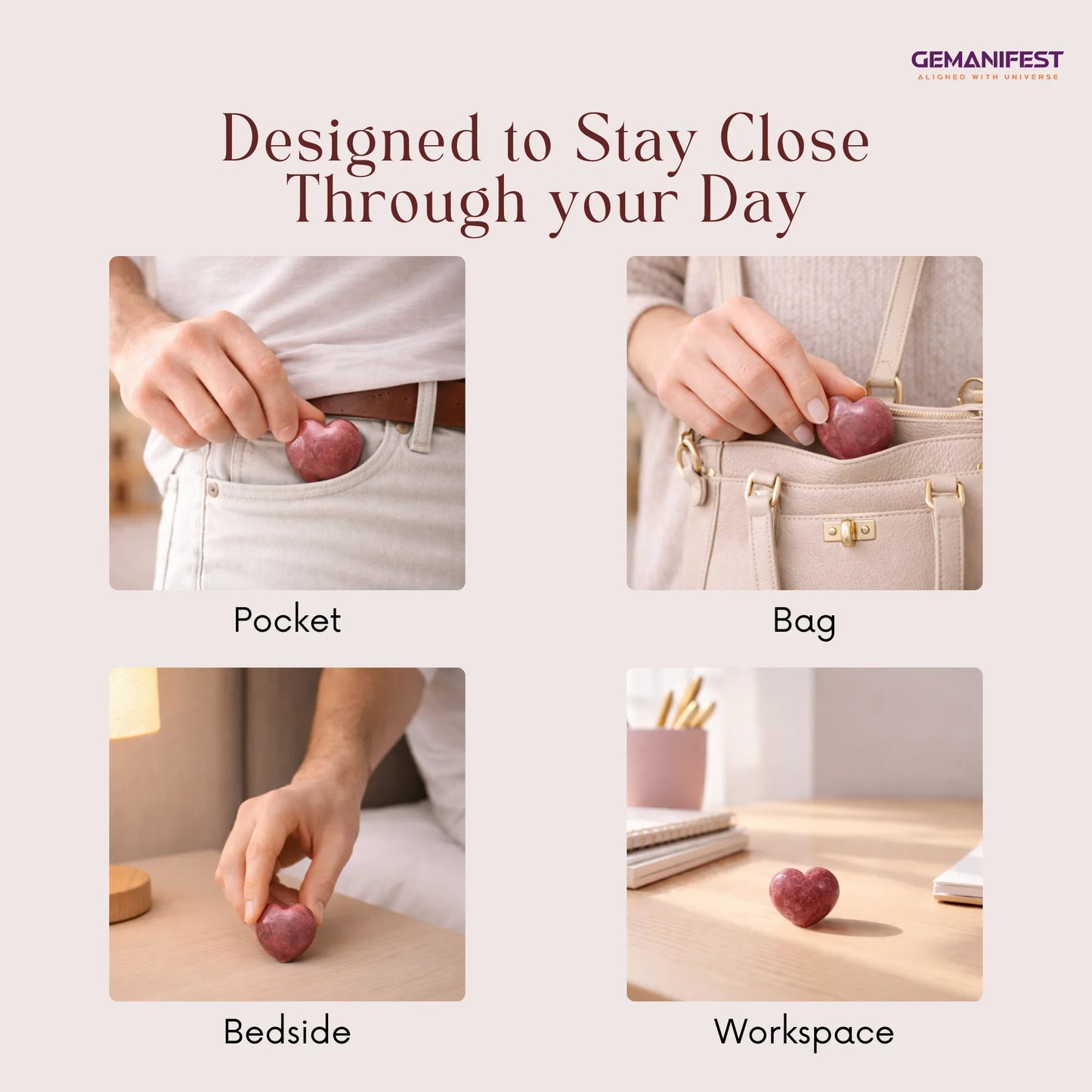Product demonstration showing a heart-shaped Rhodonite in various locations with 'GEMANIFEST' branding.