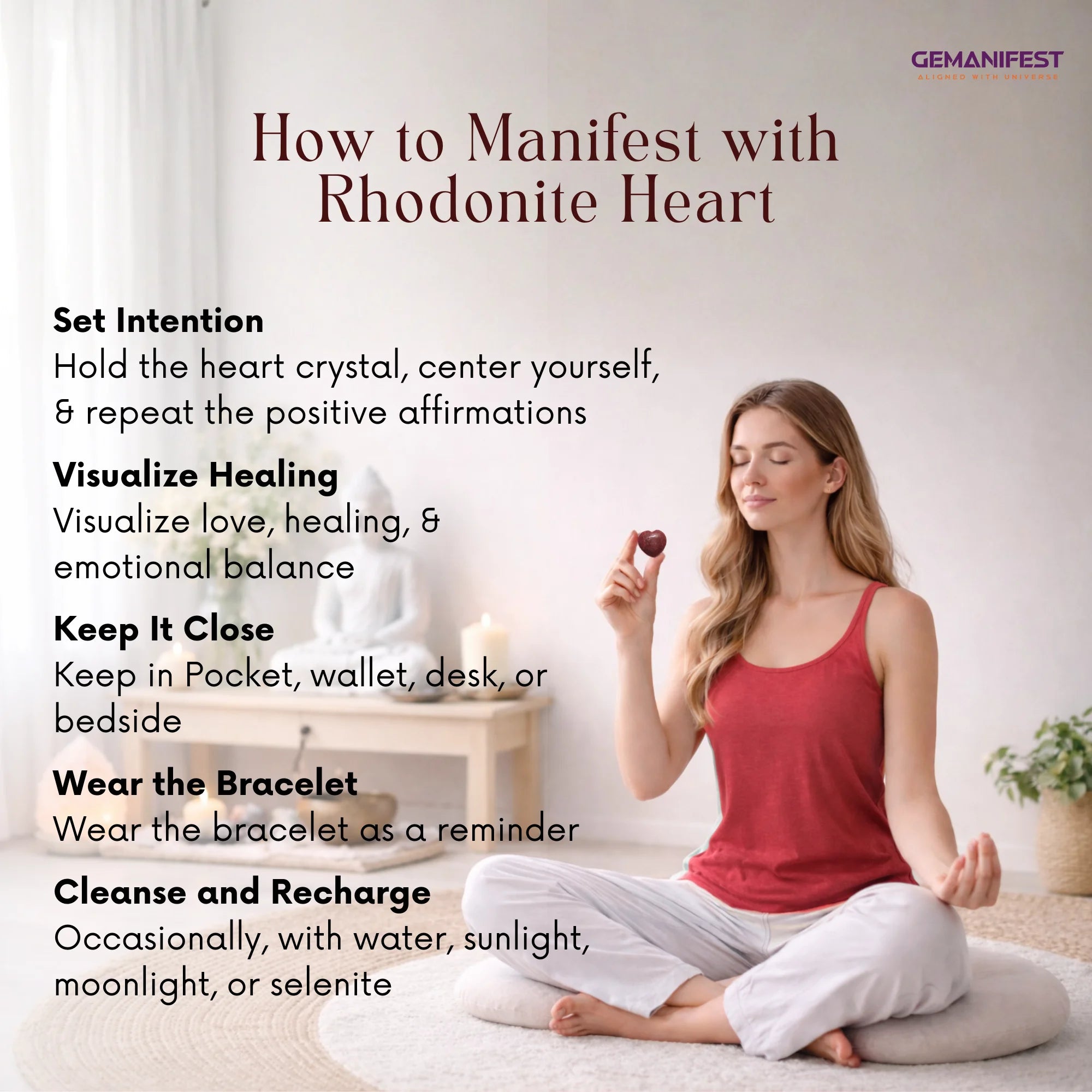 Woman meditating with rhodonite heart crystal, surrounded by text on manifesting with the stone.