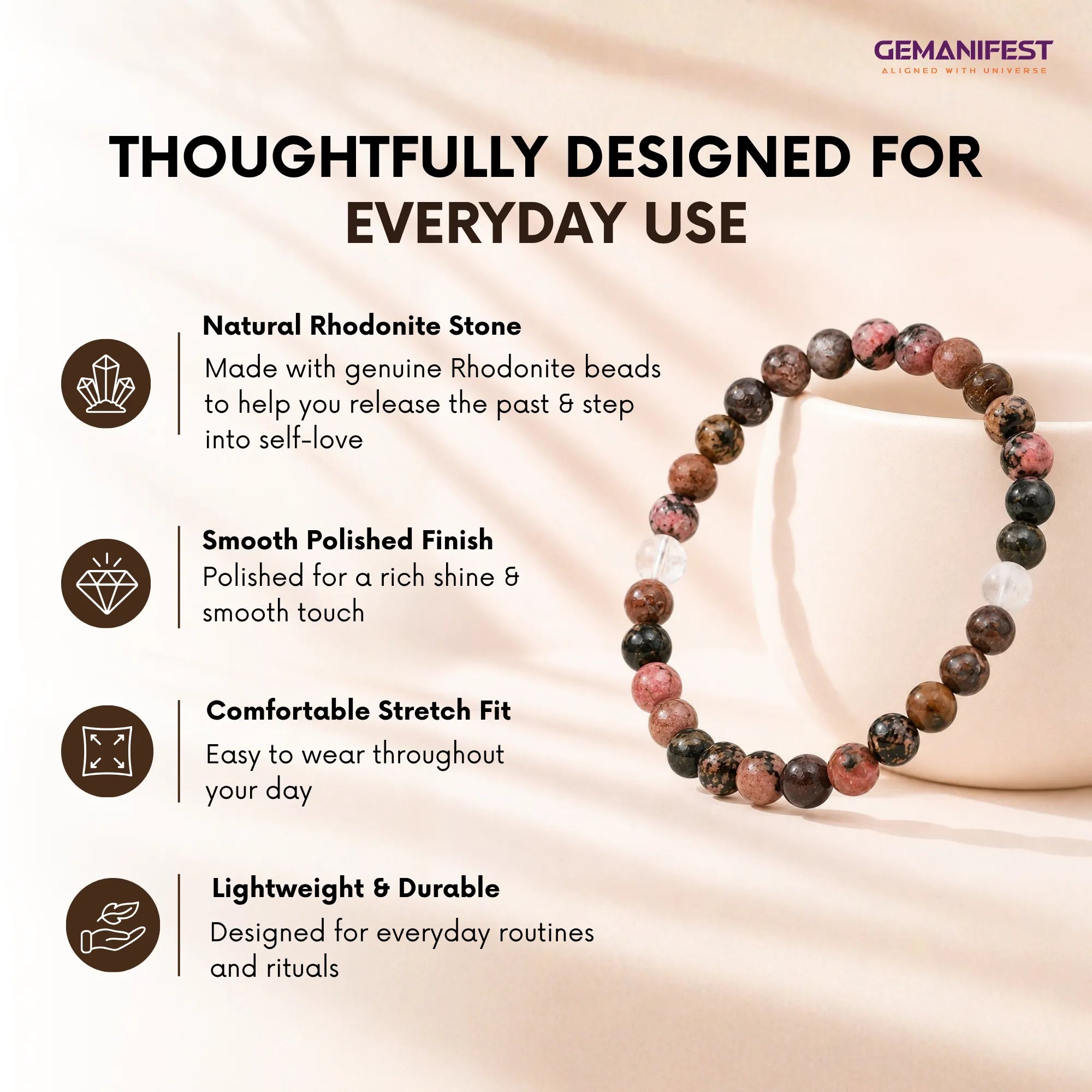 Rhodonite Bracelet for Love, Healing & Forgiveness