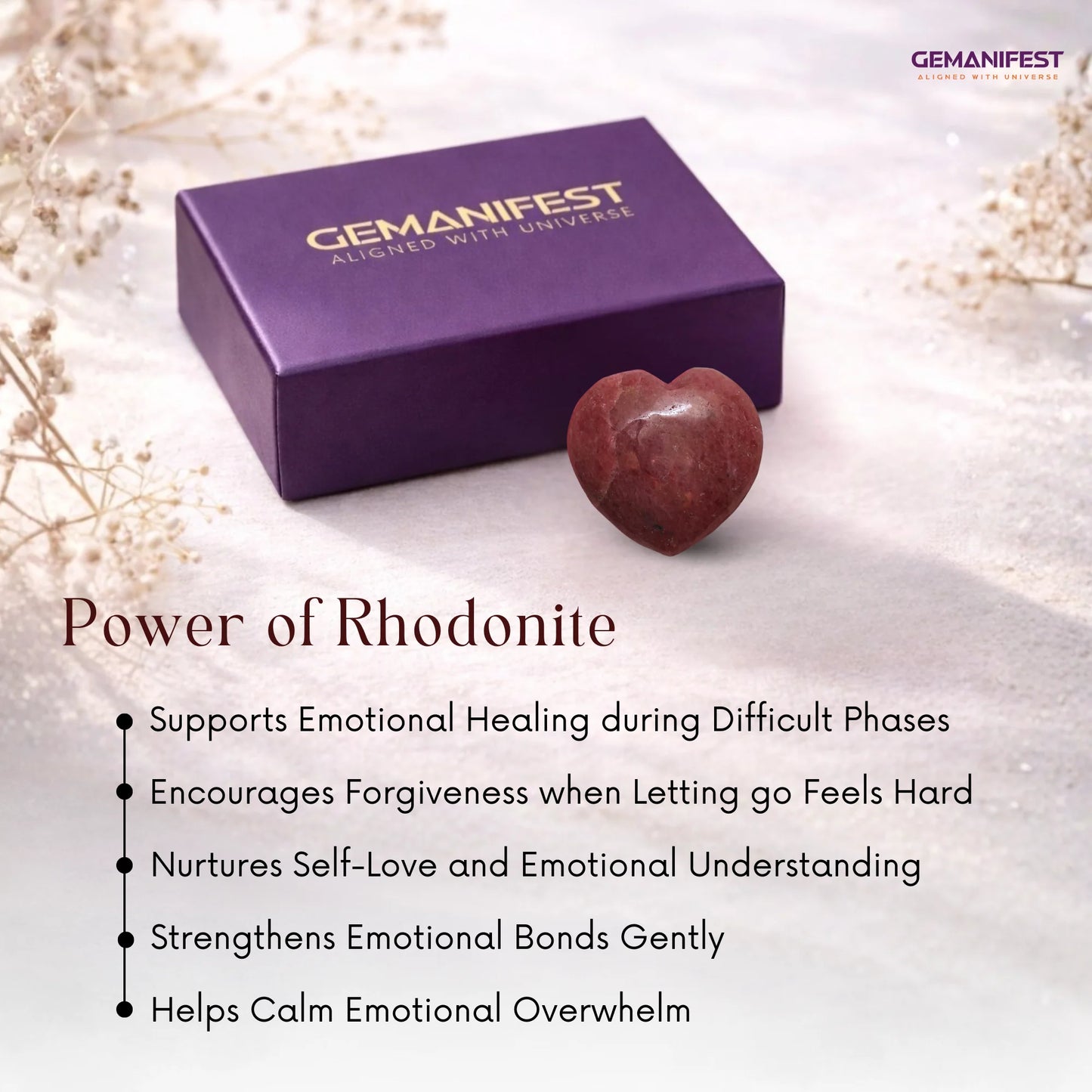 Purple box with 'GEMANIFEST' branding and a rhodonite heart on a light background.