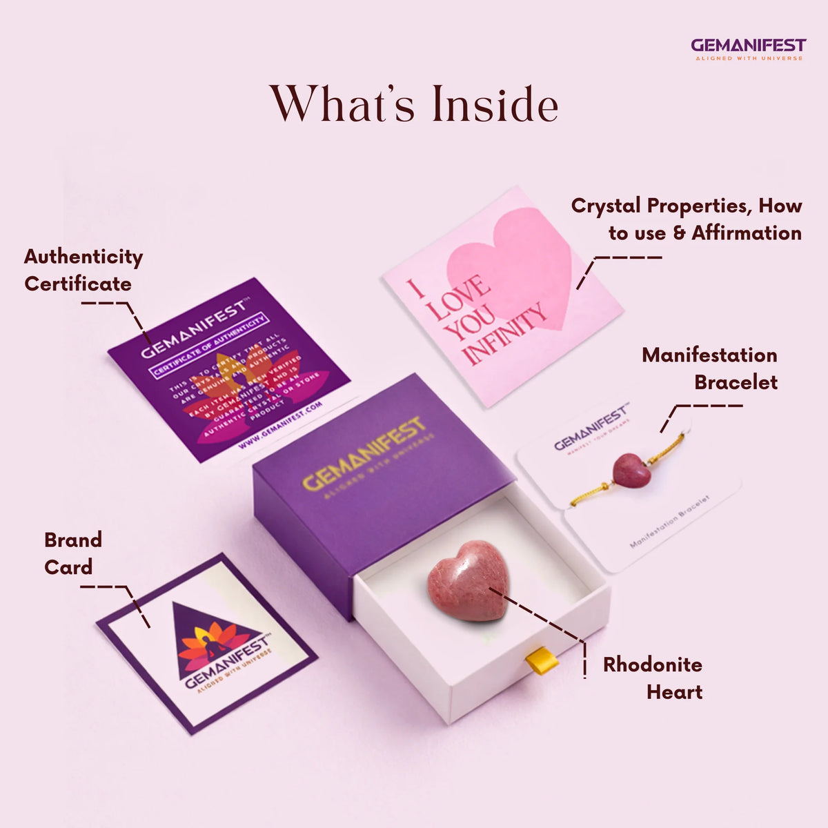 GEMANIFEST product set with rhodonite heart, bracelet, and other items on a light pink background.