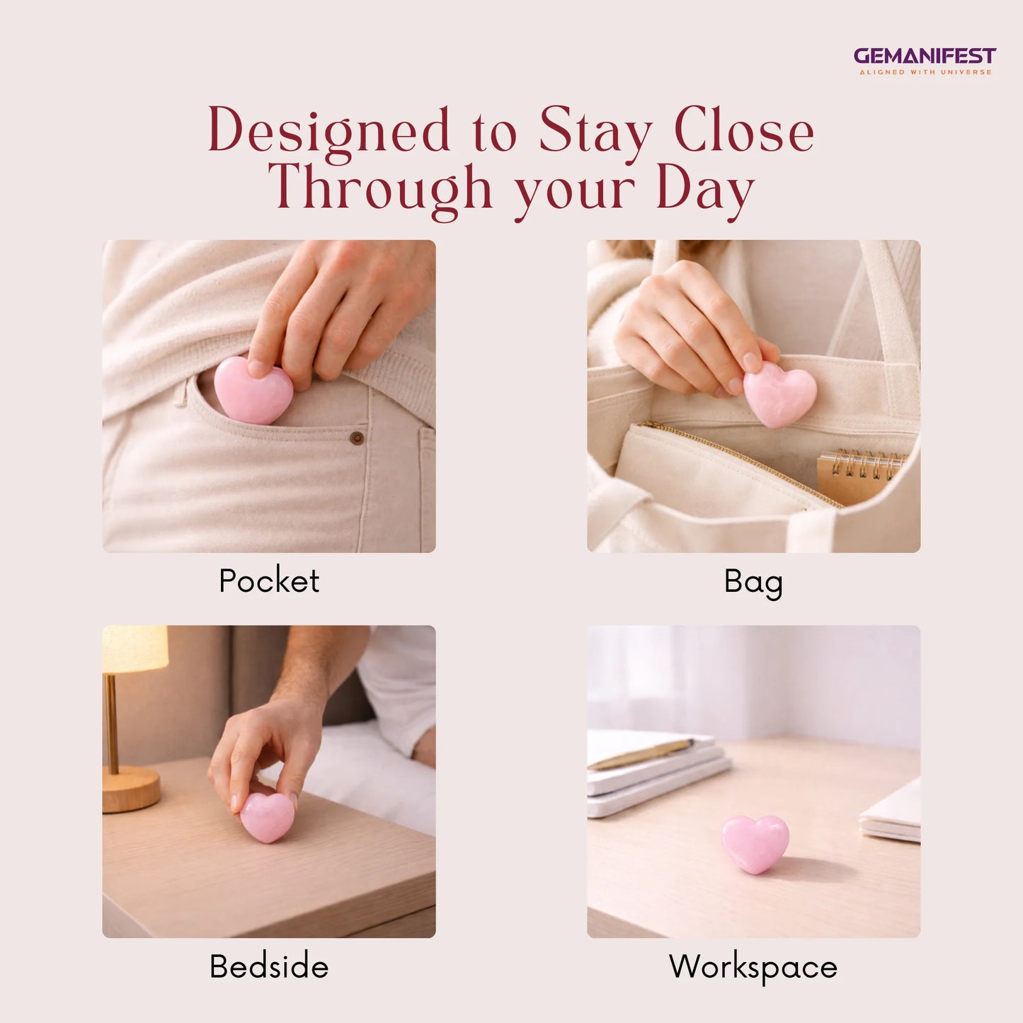 Rose Quartz being used in various settings with text 'Designed to Stay Close Through your Day' and brand name 'GEMANIFEST'.