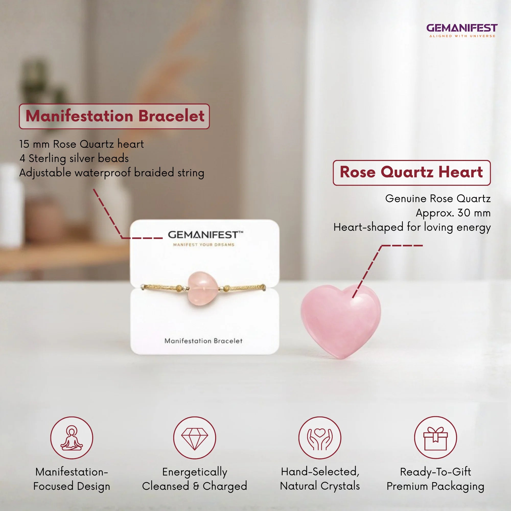 Gemanifest Manifestation Bracelet with rose quartz heart on a blurred background