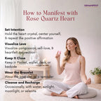 Woman meditating with a rose quartz heart crystal, surrounded by text on manifesting with the crystal.