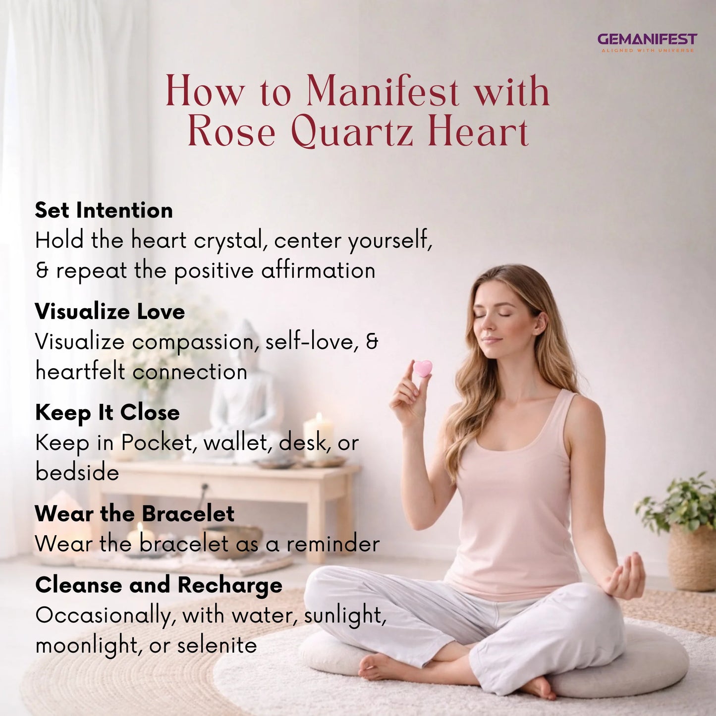 Woman meditating with a rose quartz heart crystal, surrounded by text on manifesting with the crystal.