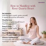 Woman meditating with a rose quartz heart crystal, surrounded by text on manifesting with the crystal.