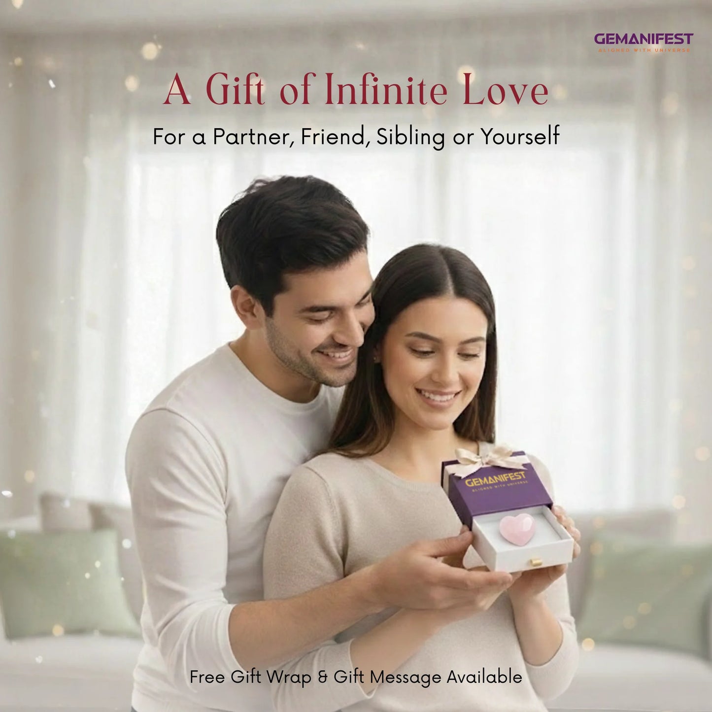 Couple holding a GEMANIFEST product with text about gift options.