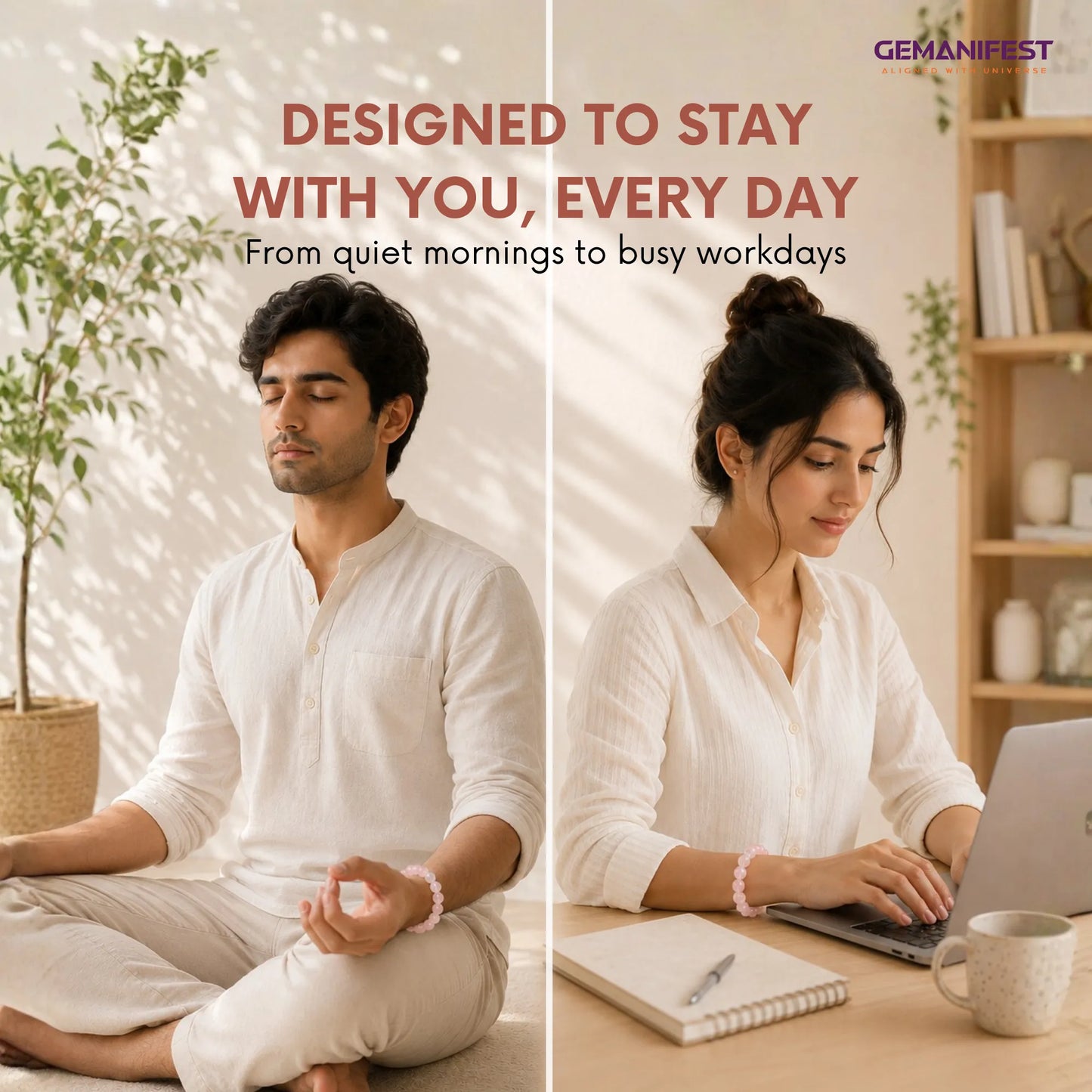 Two people practicing mindfulness and work in a home setting with text 'GEMANIFEST'.