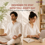 Two people practicing mindfulness and work in a home setting with text 'GEMANIFEST'.