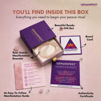 Gemanifest product packaging with rose quartz bracelet, guide, and authenticity certificate on a pink background