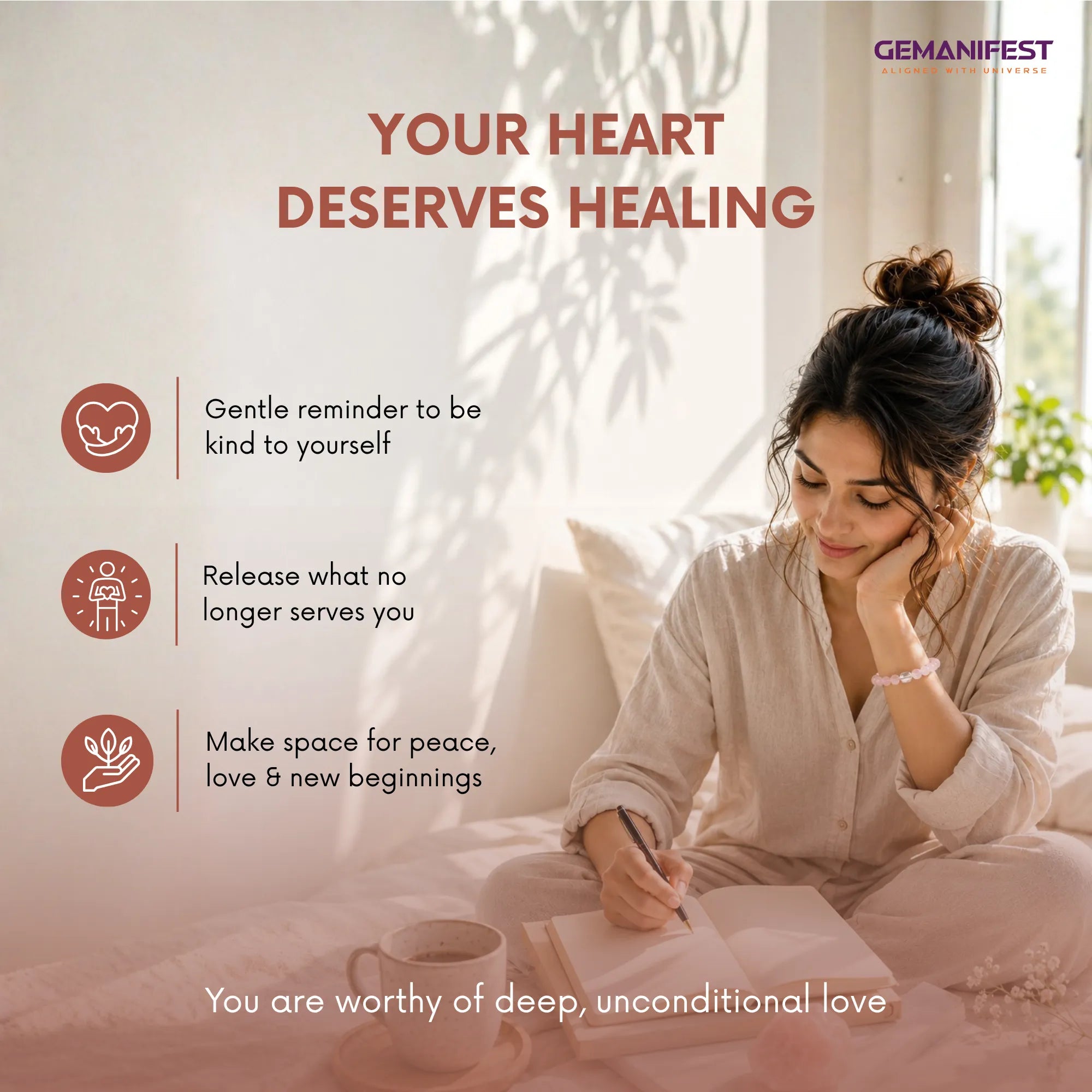 Woman sitting on a bed with a cup, surrounded by text about self-healing and positivity.