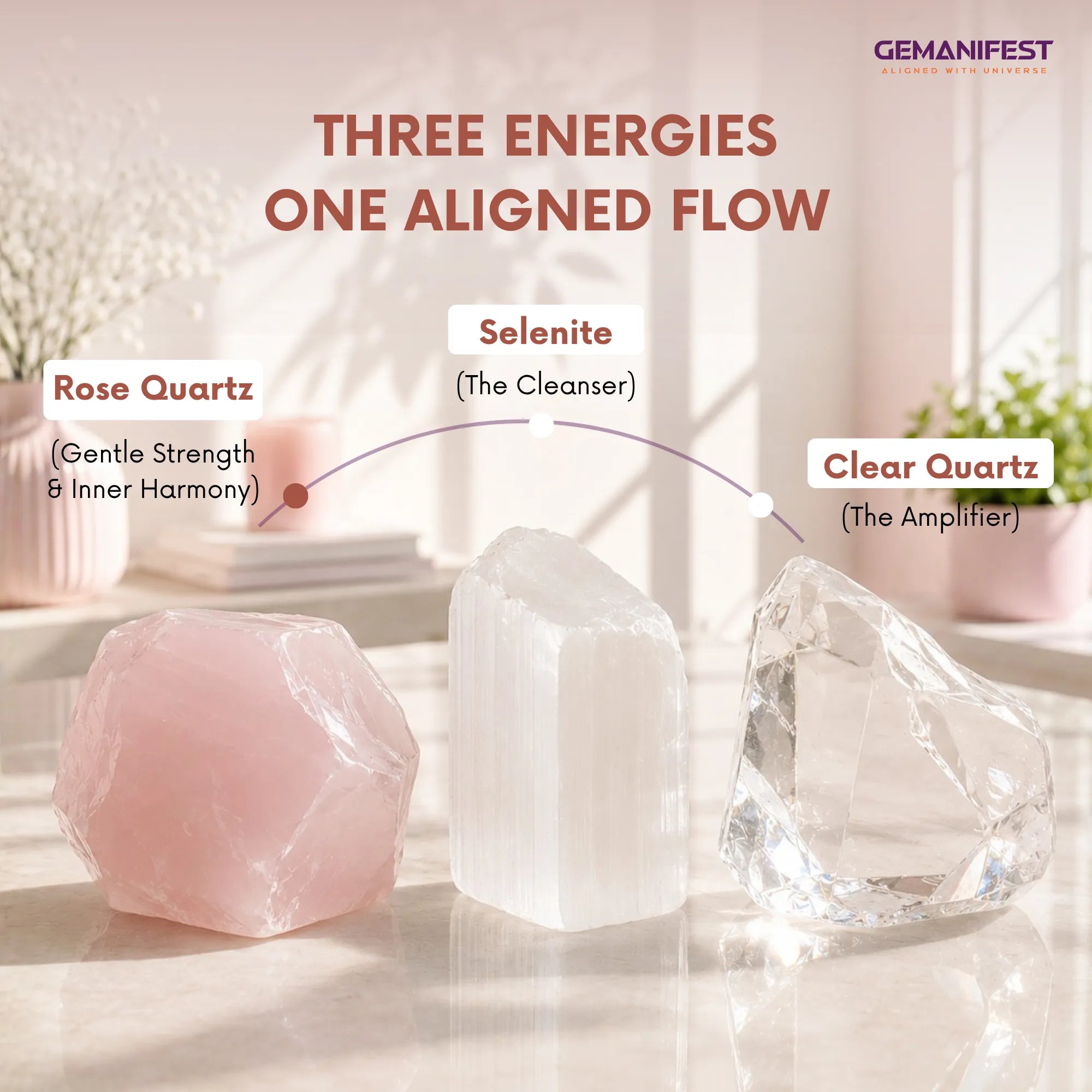 Three crystals labeled Rose Quartz, Selenite, and Clear Quartz with a blurred indoor background.