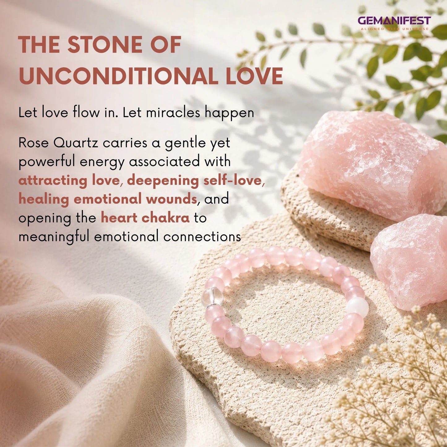 Rose Quartz stones and bracelet with descriptive text on a soft background