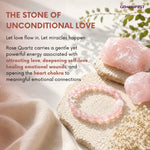 Rose Quartz stones and bracelet with descriptive text on a soft background