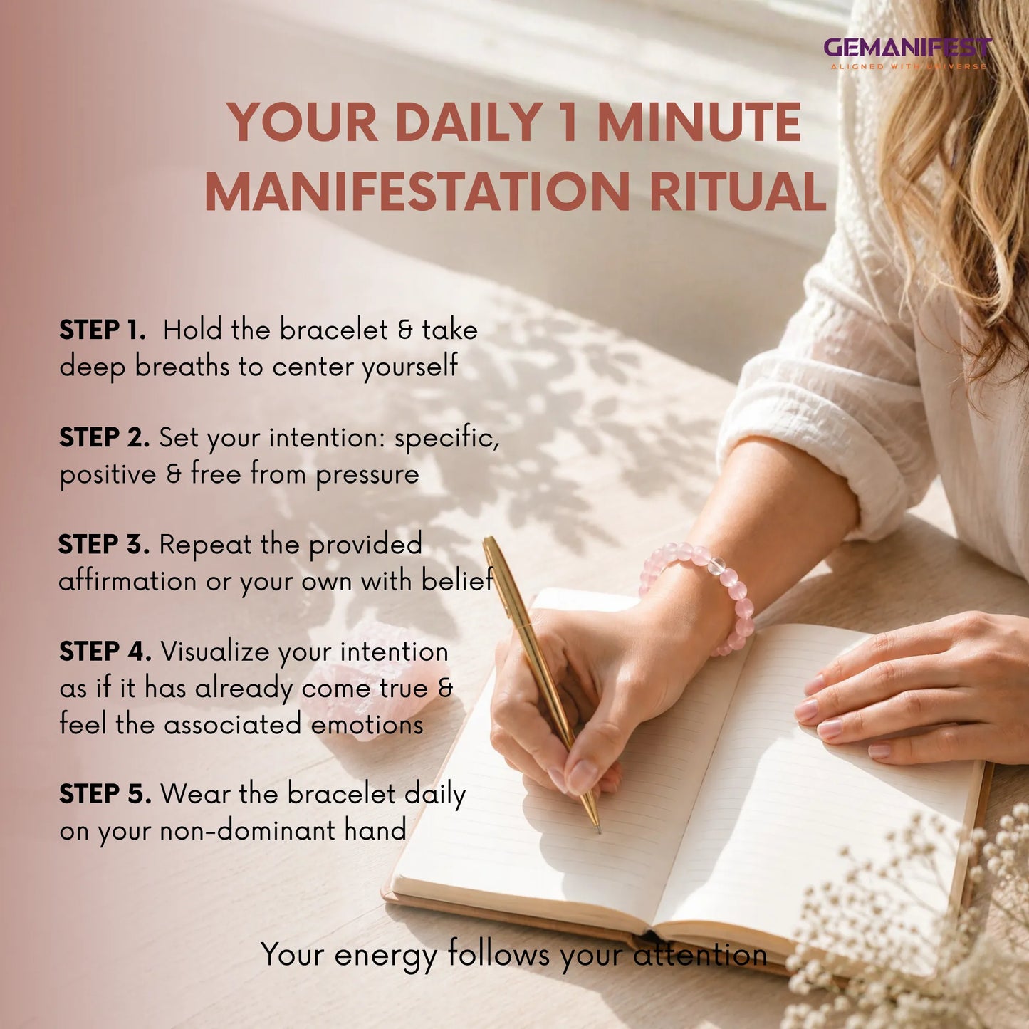 Person writing in a notebook with text about a daily 1-minute manifestation ritual.