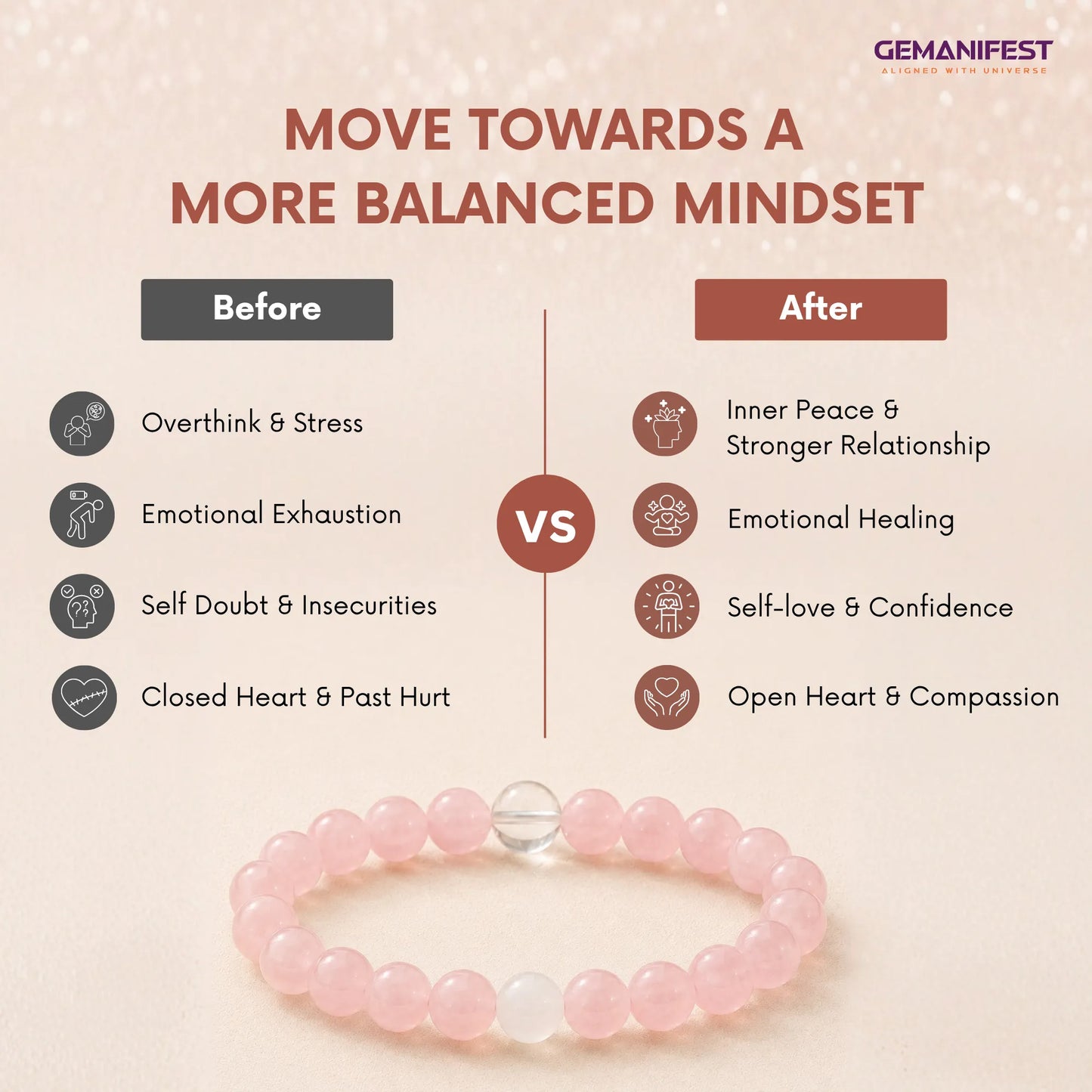 Comparison chart showing 'Before' and 'After' effects of moving towards a more balanced mindset with a pink beaded bracelet.