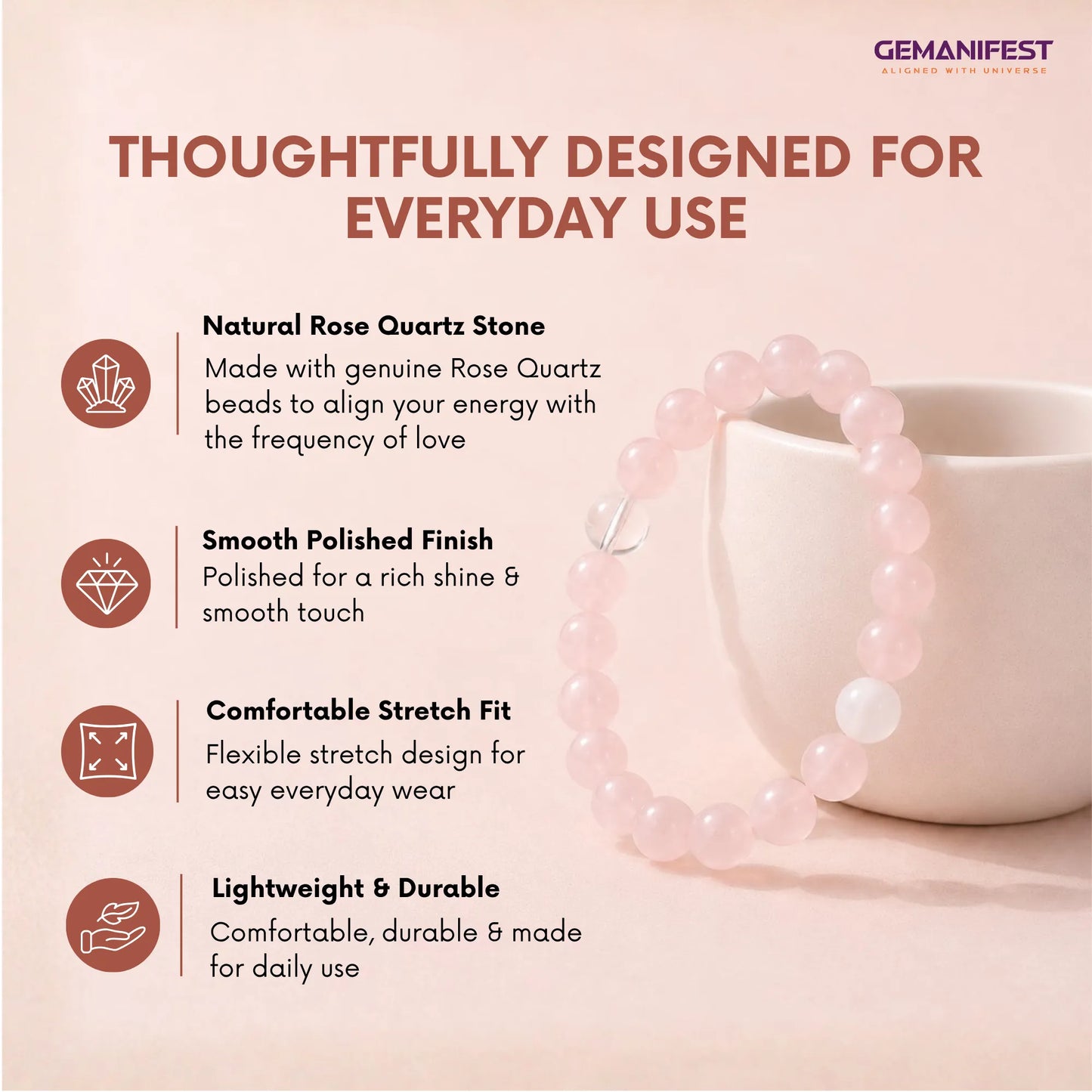 Rose Quartz stone bracelet with a cup on a light pink background, featuring GEMANIFEST branding.