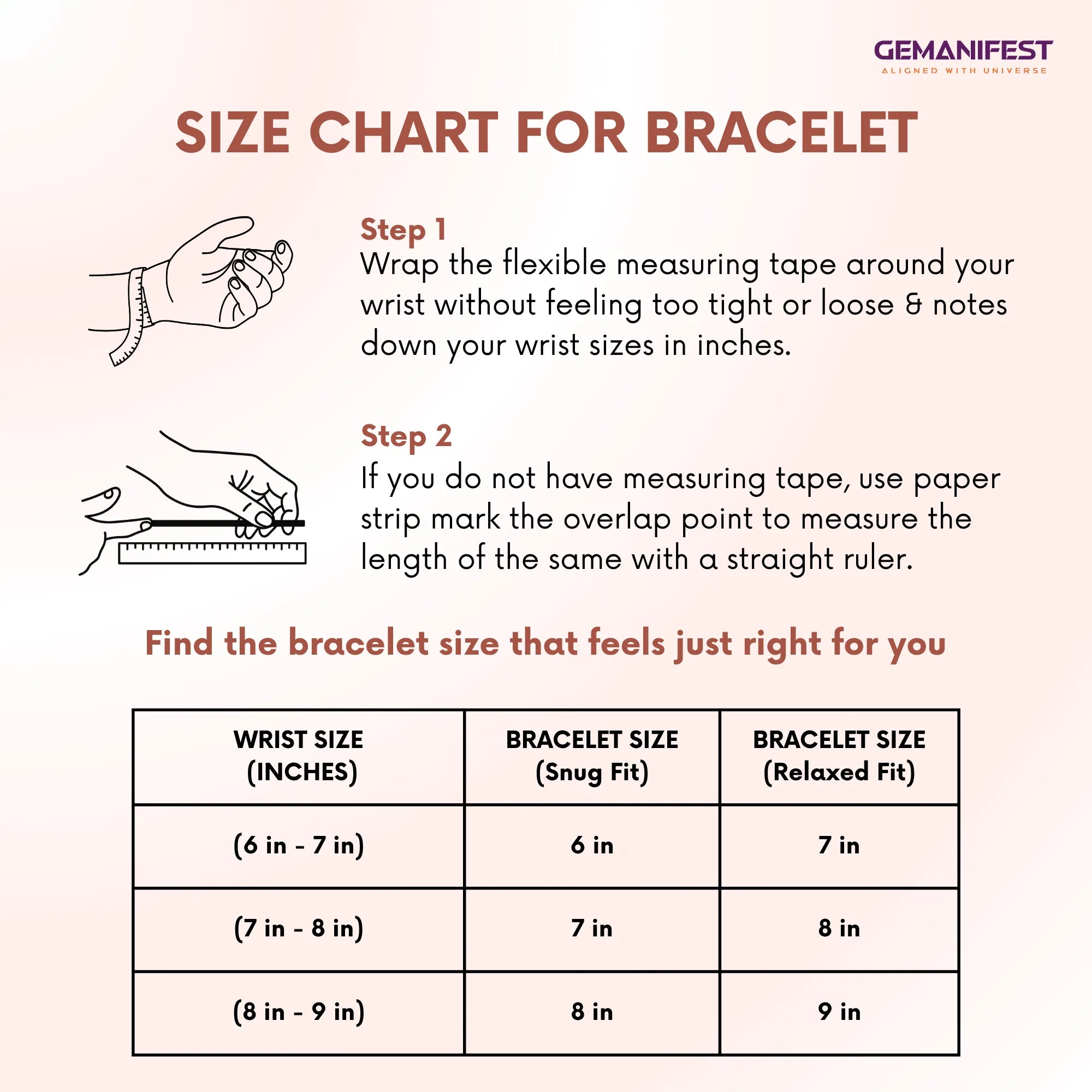Size chart for bracelet with measurement instructions and Gemanifest branding.