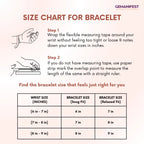 Size chart for bracelet with measurement instructions and Gemanifest branding.