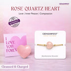 Rose quartz heart-shaped crystal and bracelet on a pink background with 'GEMANIFEST' branding.