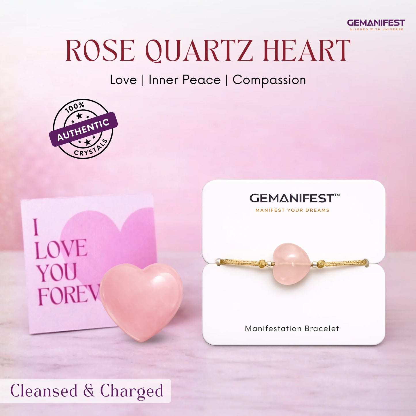 Rose quartz heart-shaped crystal and bracelet on a pink background with 'GEMANIFEST' branding.