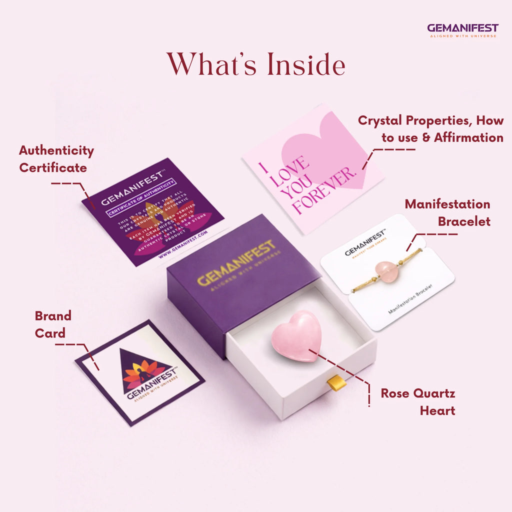 GEMANIFEST product set with heart, bracelet, and cards on a white background