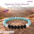 Sagittarius bracelet with amazonite and black tourmaline beads on a beige background
