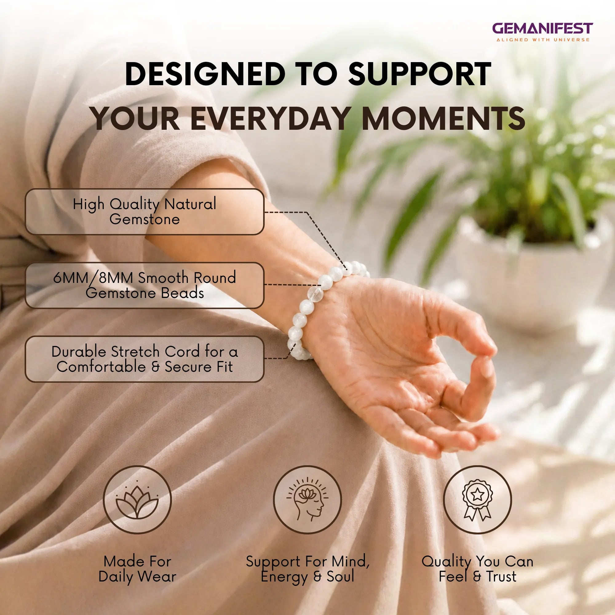 Person wearing a bracelet with text highlighting features and brand name 'GEMANIFEST'.