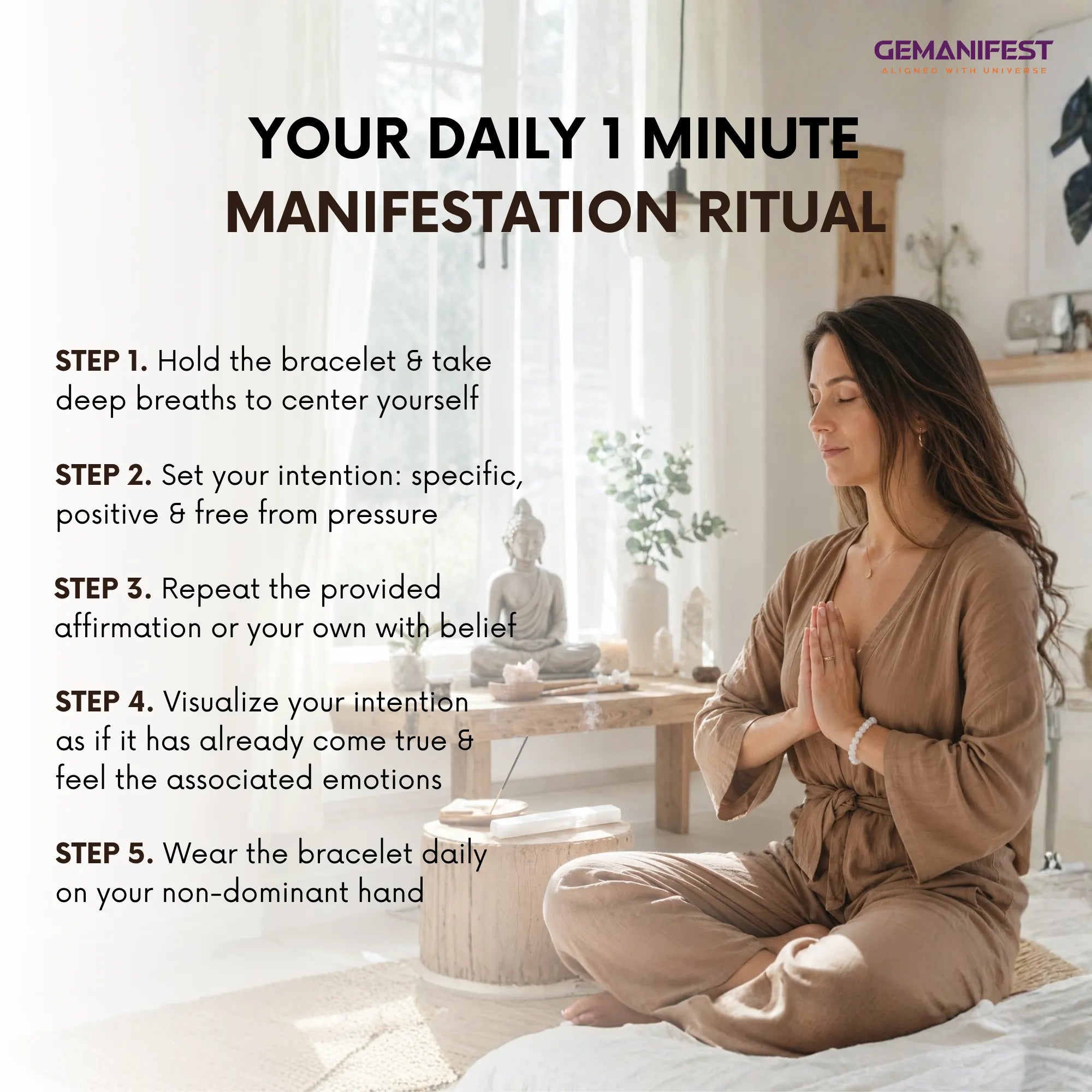 Woman meditating in a serene room with text on daily manifestation ritual