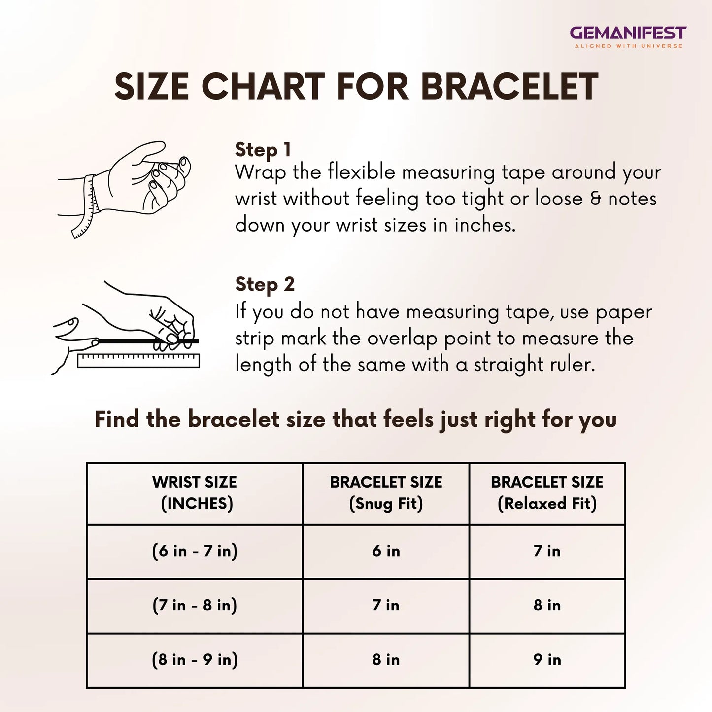 Size chart for bracelet with measurement instructions and GEMANIFEST branding.