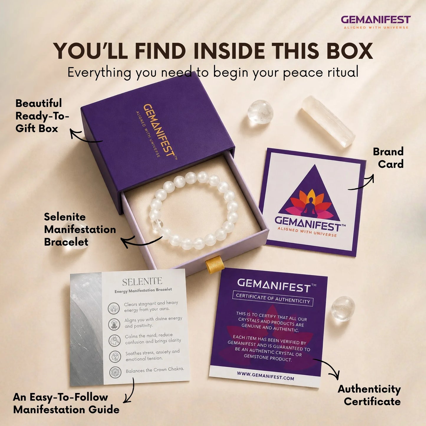 Gemanifest gift box with selenite bracelet, brand card, authenticity certificate, and guide on a beige background.