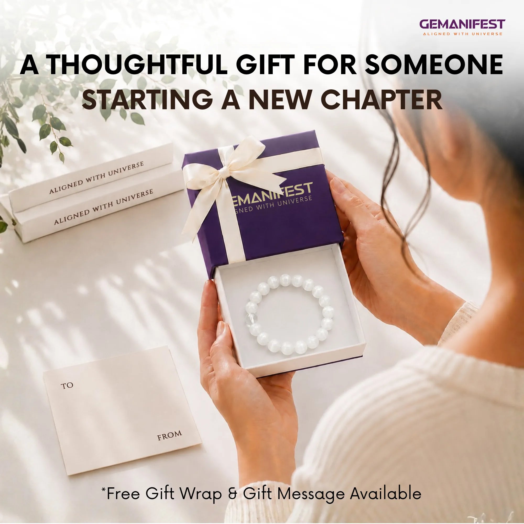 Person holding a GEMANIFEST-branded gift box with a bracelet, with text about thoughtful gifts.
