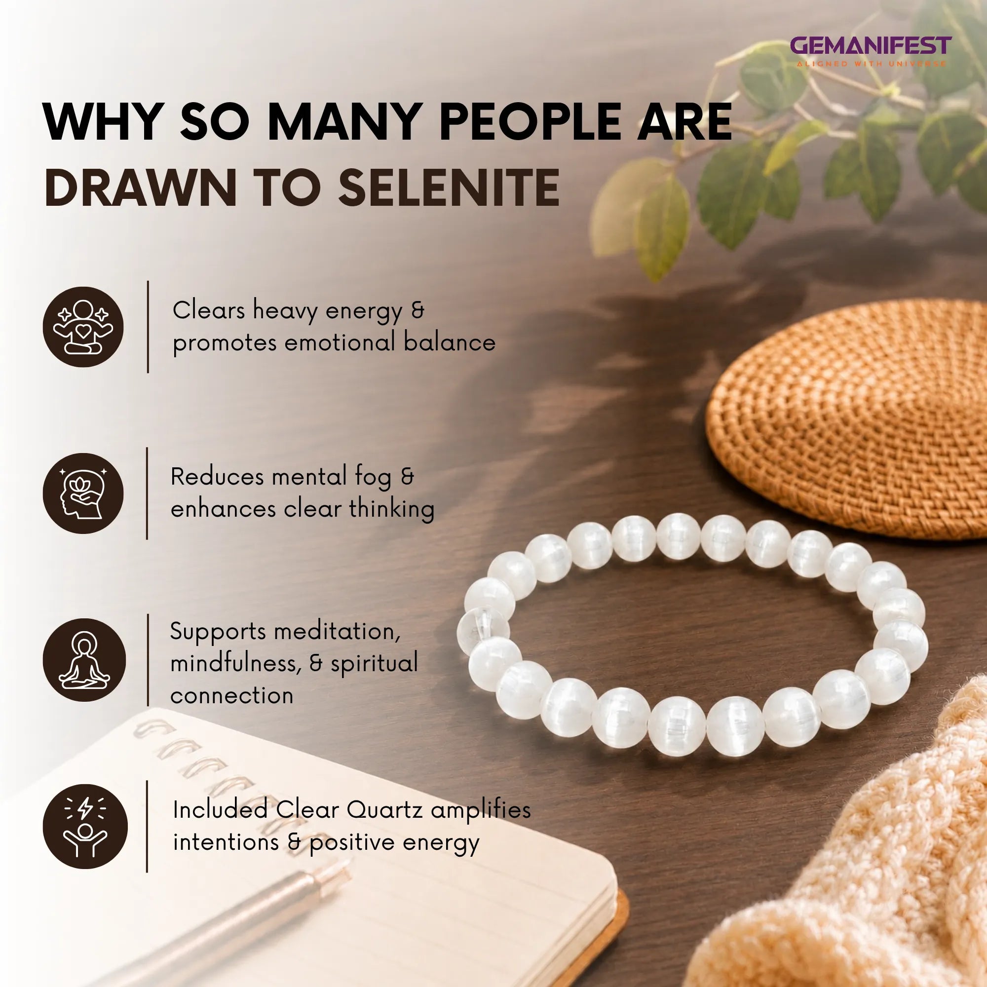 Natural Selenite Bracelet for Calmness & Energy Cleansing