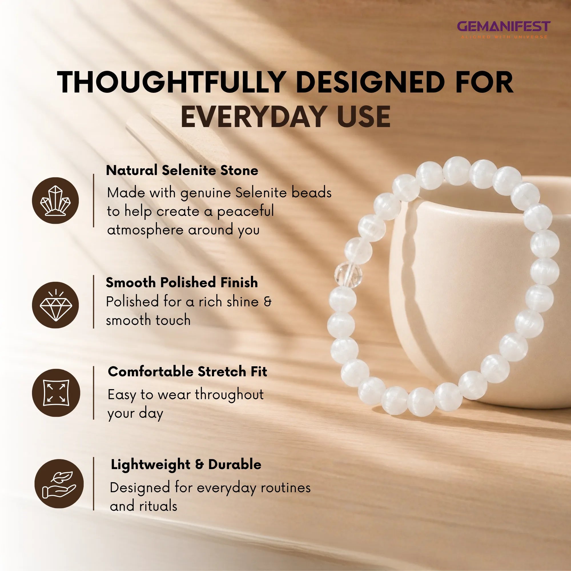Natural Selenite Bracelet for Calmness & Energy Cleansing