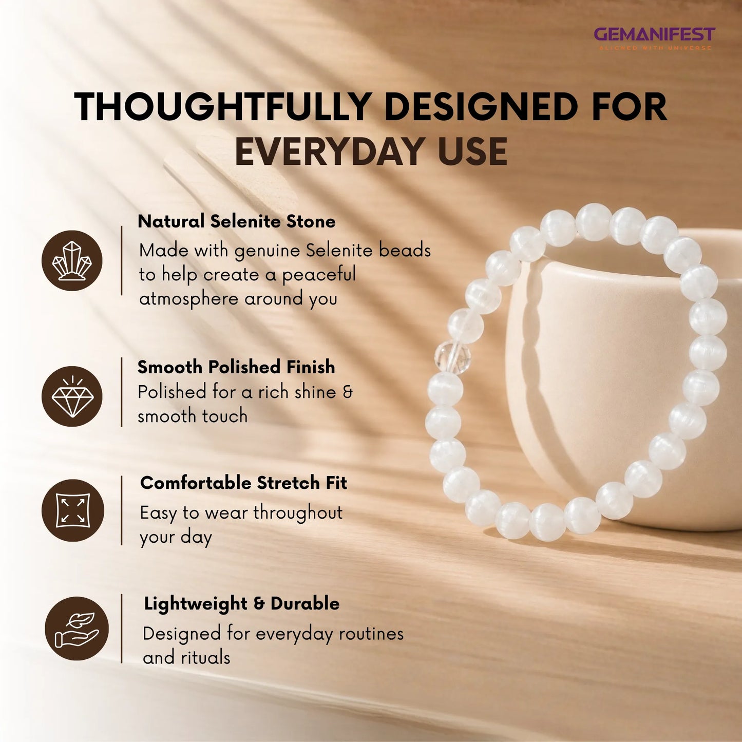 Natural Selenite Bracelet for Calmness & Energy Cleansing