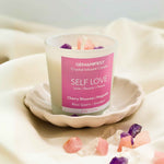 Self Love Manifestation Candle with Rose Quartz and Amethyst Crystals for Inner Peace and Confidence.
