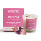 Self Love crystal infused candle with packaging box, Rose Quartz and Amethyst crystals.