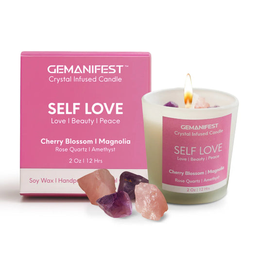 Self Love crystal infused candle with packaging box, Rose Quartz and Amethyst crystals.