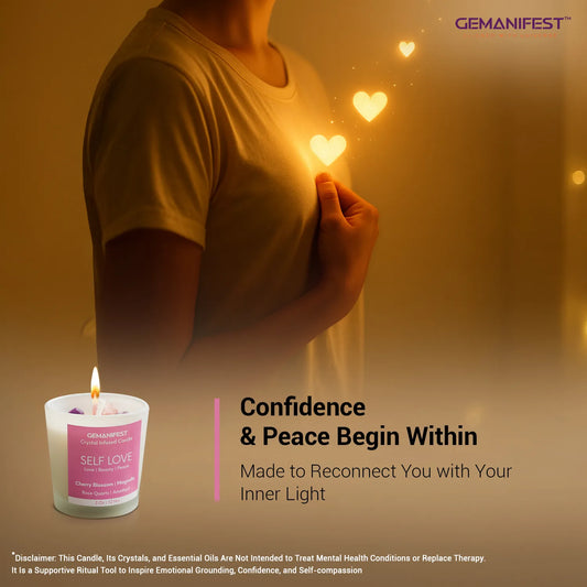 Self Love crystal candle glowing with heart energy for confidence and peace.