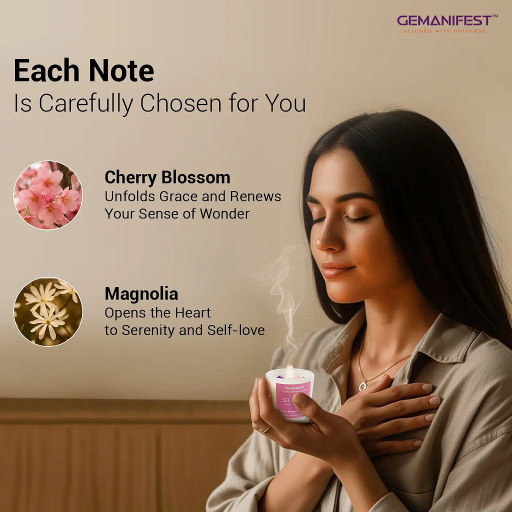Woman holding Self Love candle with Cherry Blossom and Magnolia notes.